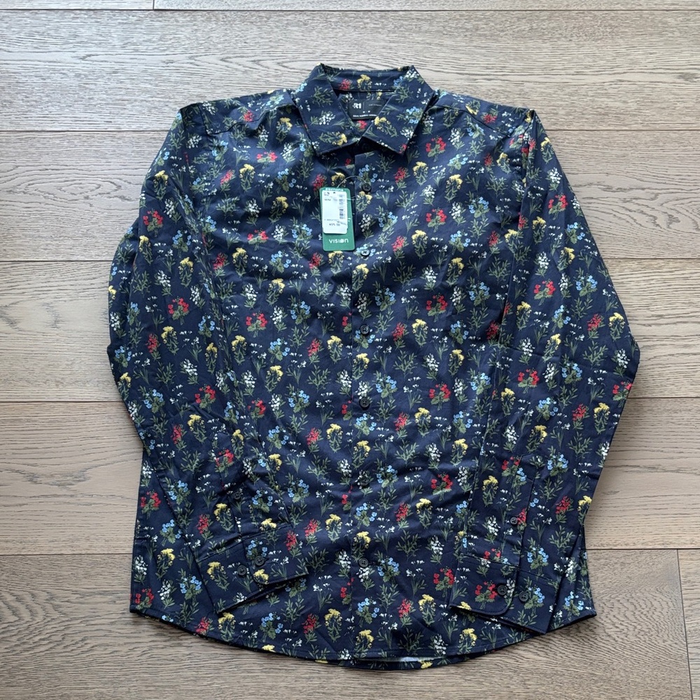 Men's Black Floral Dress Shirt with Multicolor Floral Print